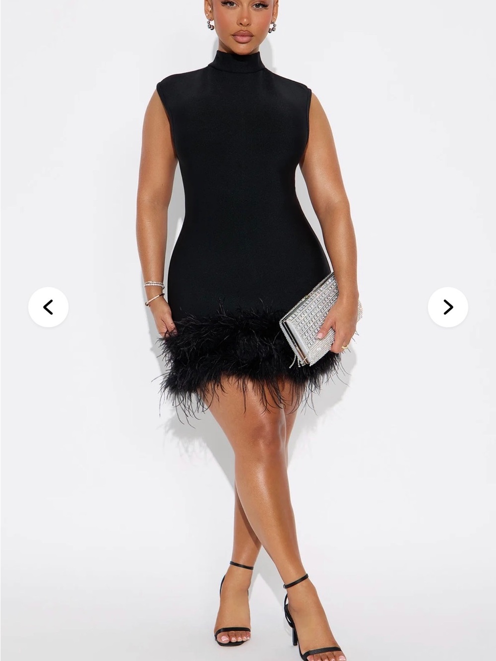 Fashion Nova Black Mock Neck Feather Hem Mini Dress